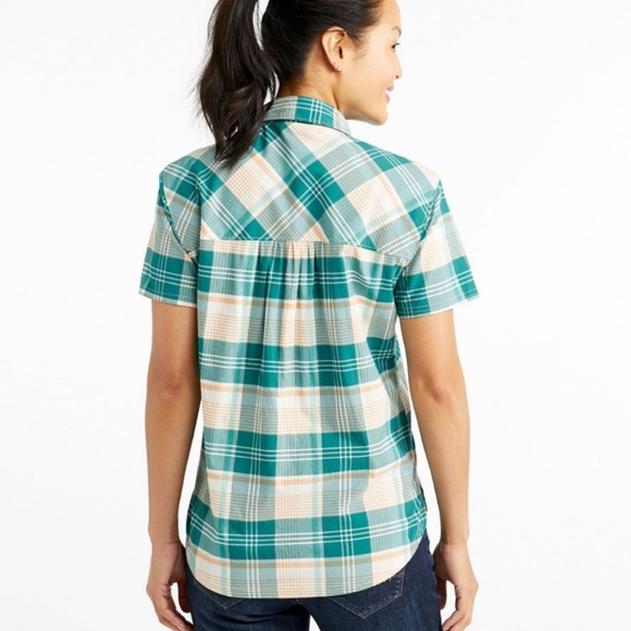 L.L.Bean teal plaid short sleeve beach cruiser button up top, size medium - Picture 2 of 11